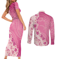 Heiva i Tahiti Couples Matching Short Sleeve Bodycon Dress and Long Sleeve Button Shirt Tahitian Tiare Maori Cowrie Lei Pink
