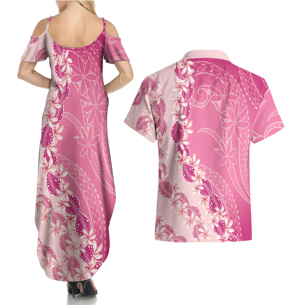 Heiva i Tahiti Couples Matching Summer Maxi Dress and Hawaiian Shirt Tahitian Tiare Maori Cowrie Lei Pink