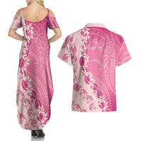 Heiva i Tahiti Couples Matching Summer Maxi Dress and Hawaiian Shirt Tahitian Tiare Maori Cowrie Lei Pink