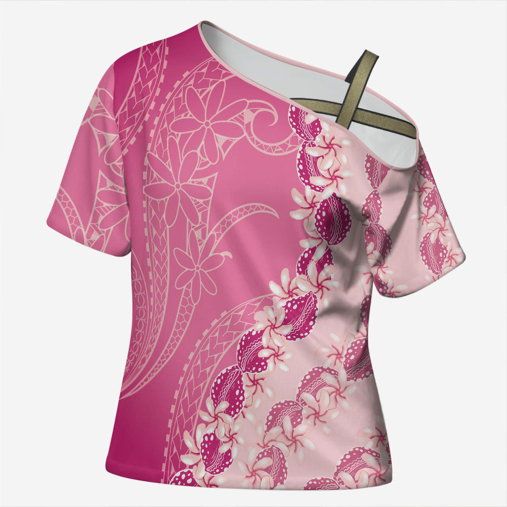 Heiva i Tahiti Cross Shoulder Shirt Tahitian Tiare Maori Cowrie Lei Pink