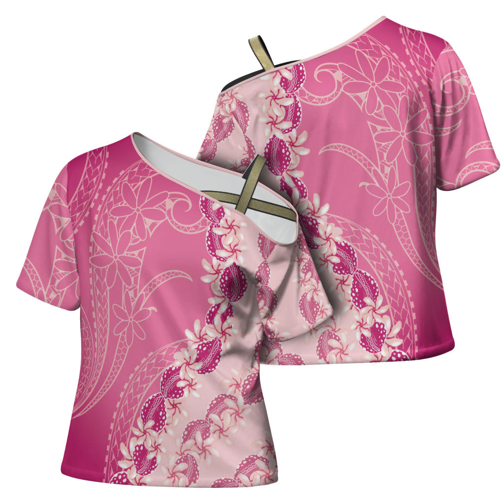 Heiva i Tahiti Cross Shoulder Shirt Tahitian Tiare Maori Cowrie Lei Pink