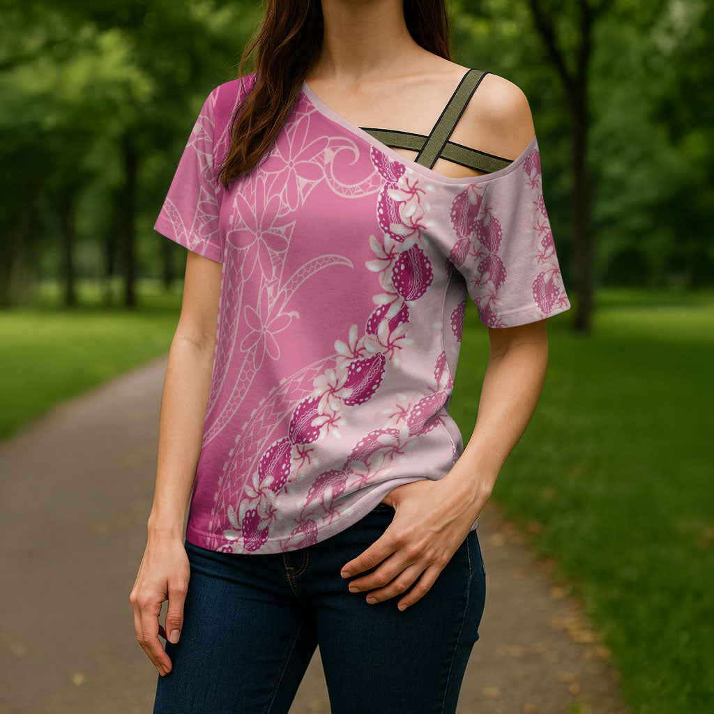Heiva i Tahiti Cross Shoulder Shirt Tahitian Tiare Maori Cowrie Lei Pink