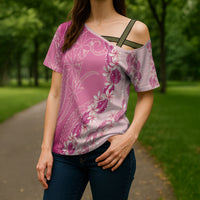 Heiva i Tahiti Cross Shoulder Shirt Tahitian Tiare Maori Cowrie Lei Pink