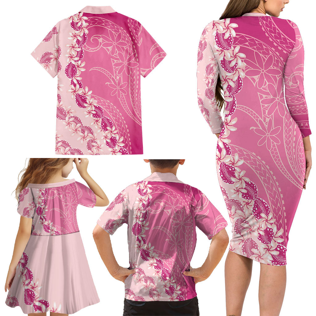 Heiva i Tahiti Family Matching Long Sleeve Bodycon Dress and Hawaiian Shirt Tahitian Tiare Maori Cowrie Lei Pink