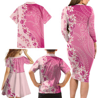 Heiva i Tahiti Family Matching Long Sleeve Bodycon Dress and Hawaiian Shirt Tahitian Tiare Maori Cowrie Lei Pink