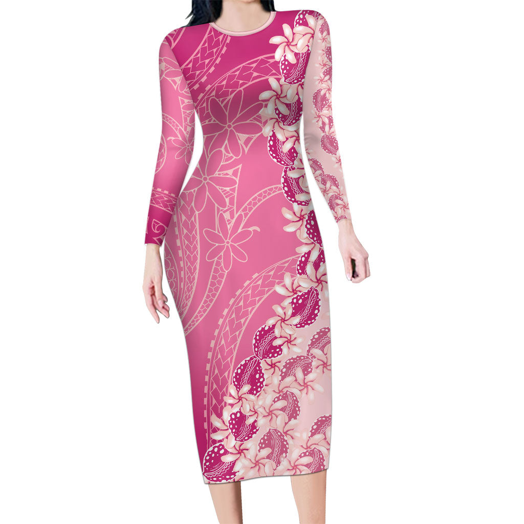 Heiva i Tahiti Family Matching Long Sleeve Bodycon Dress and Hawaiian Shirt Tahitian Tiare Maori Cowrie Lei Pink