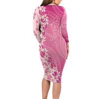 Heiva i Tahiti Family Matching Long Sleeve Bodycon Dress and Hawaiian Shirt Tahitian Tiare Maori Cowrie Lei Pink