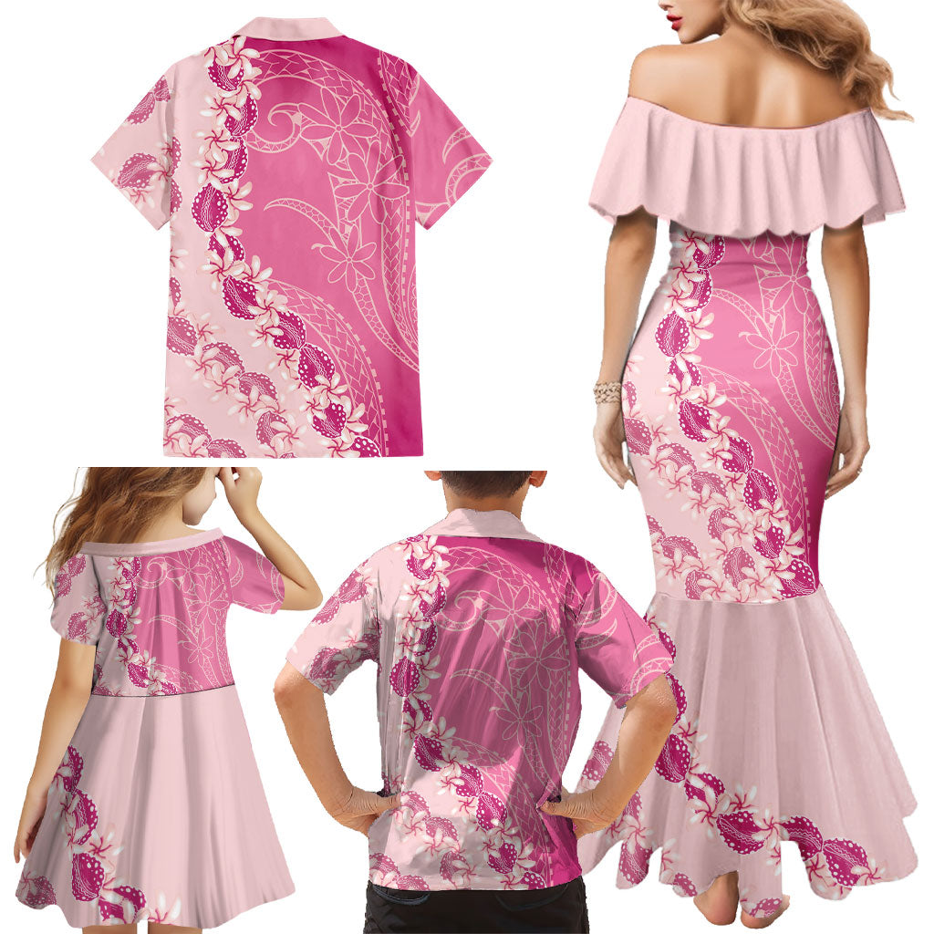 Heiva i Tahiti Family Matching Mermaid Dress and Hawaiian Shirt Tahitian Tiare Maori Cowrie Lei Pink