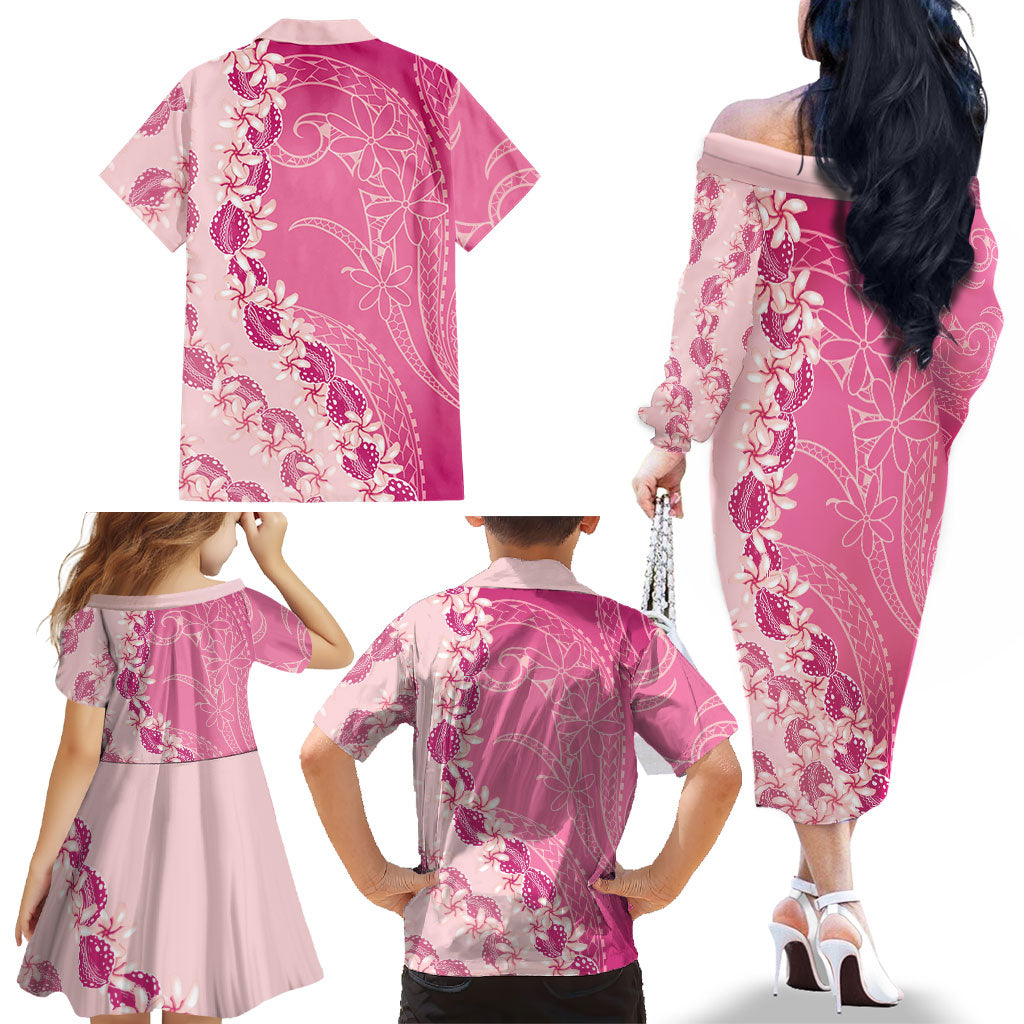 Heiva i Tahiti Family Matching Off The Shoulder Long Sleeve Dress and Hawaiian Shirt Tahitian Tiare Maori Cowrie Lei Pink