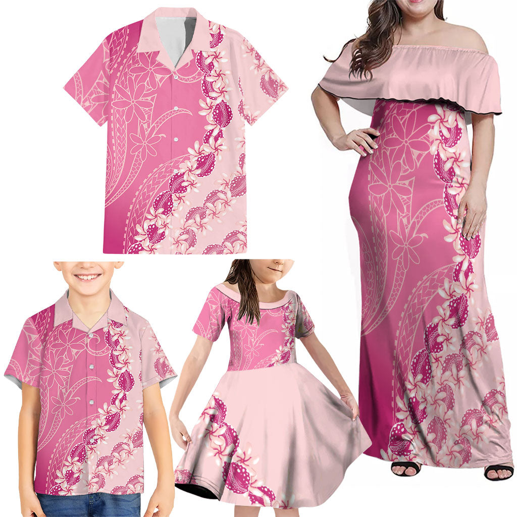 Heiva i Tahiti Family Matching Off Shoulder Maxi Dress and Hawaiian Shirt Tahitian Tiare Maori Cowrie Lei Pink
