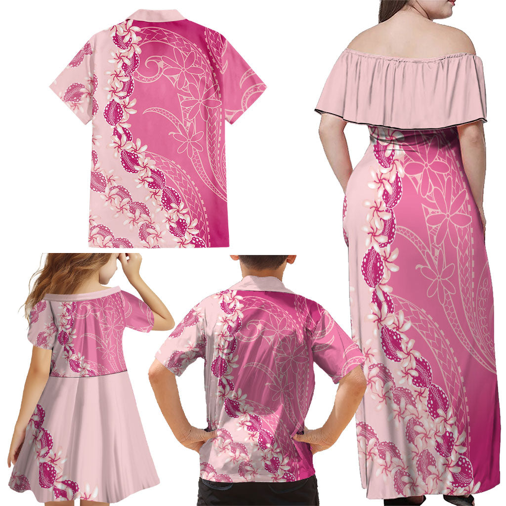 Heiva i Tahiti Family Matching Off Shoulder Maxi Dress and Hawaiian Shirt Tahitian Tiare Maori Cowrie Lei Pink