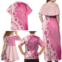 Heiva i Tahiti Family Matching Off Shoulder Maxi Dress and Hawaiian Shirt Tahitian Tiare Maori Cowrie Lei Pink