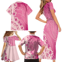 Heiva i Tahiti Family Matching Short Sleeve Bodycon Dress and Hawaiian Shirt Tahitian Tiare Maori Cowrie Lei Pink