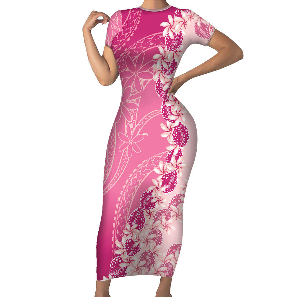 Heiva i Tahiti Family Matching Short Sleeve Bodycon Dress and Hawaiian Shirt Tahitian Tiare Maori Cowrie Lei Pink