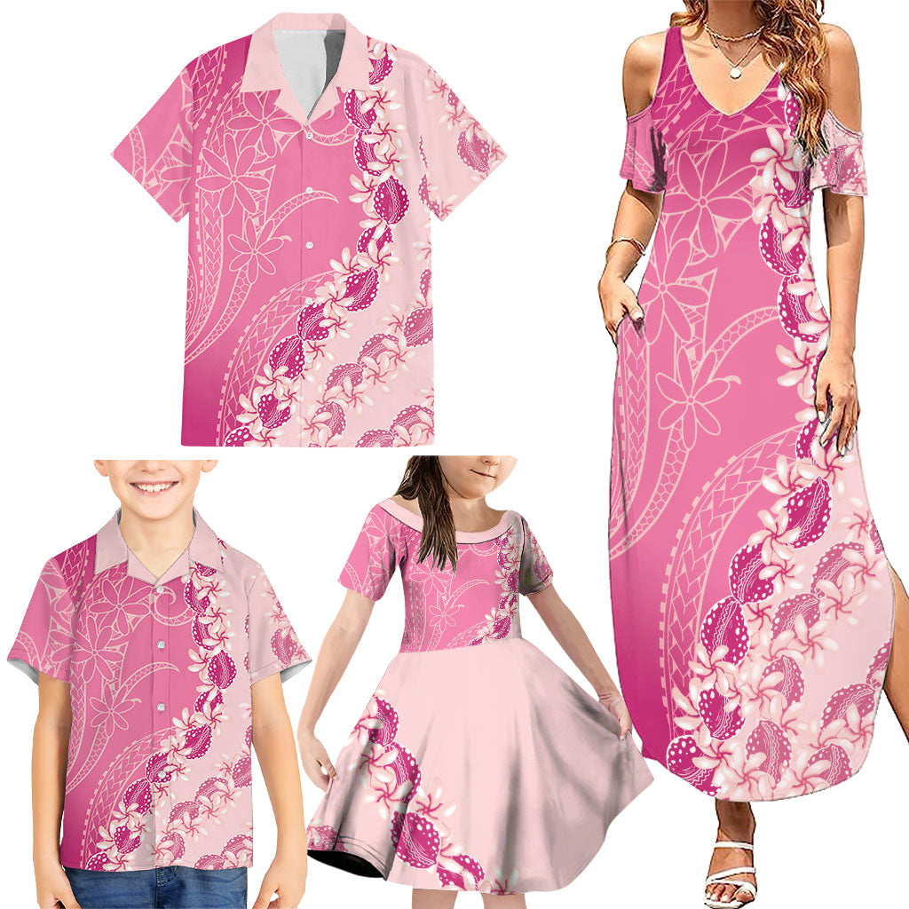 Heiva i Tahiti Family Matching Summer Maxi Dress and Hawaiian Shirt Tahitian Tiare Maori Cowrie Lei Pink