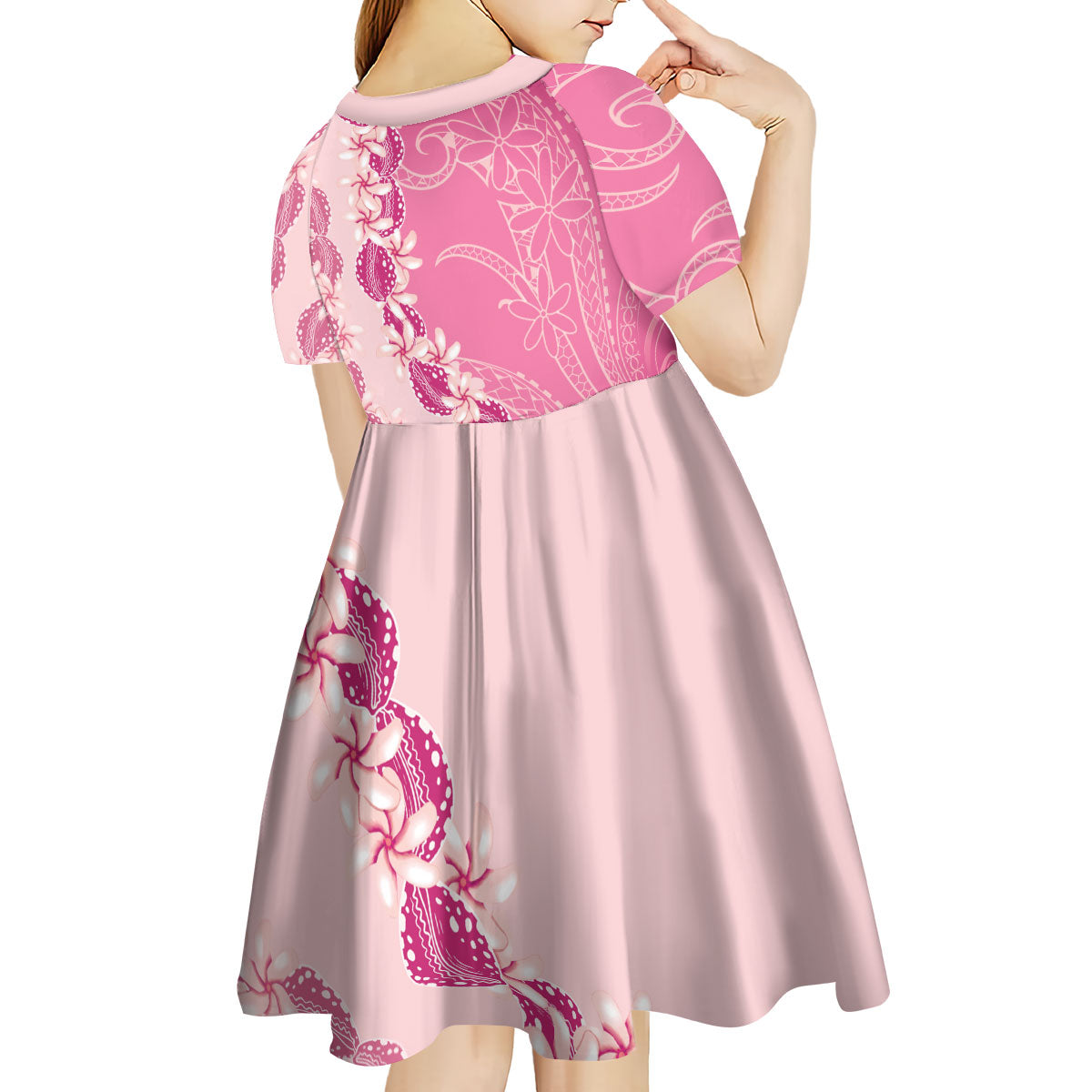 Heiva i Tahiti Kid Short Sleeve Dress Tahitian Tiare Maori Cowrie Lei Pink