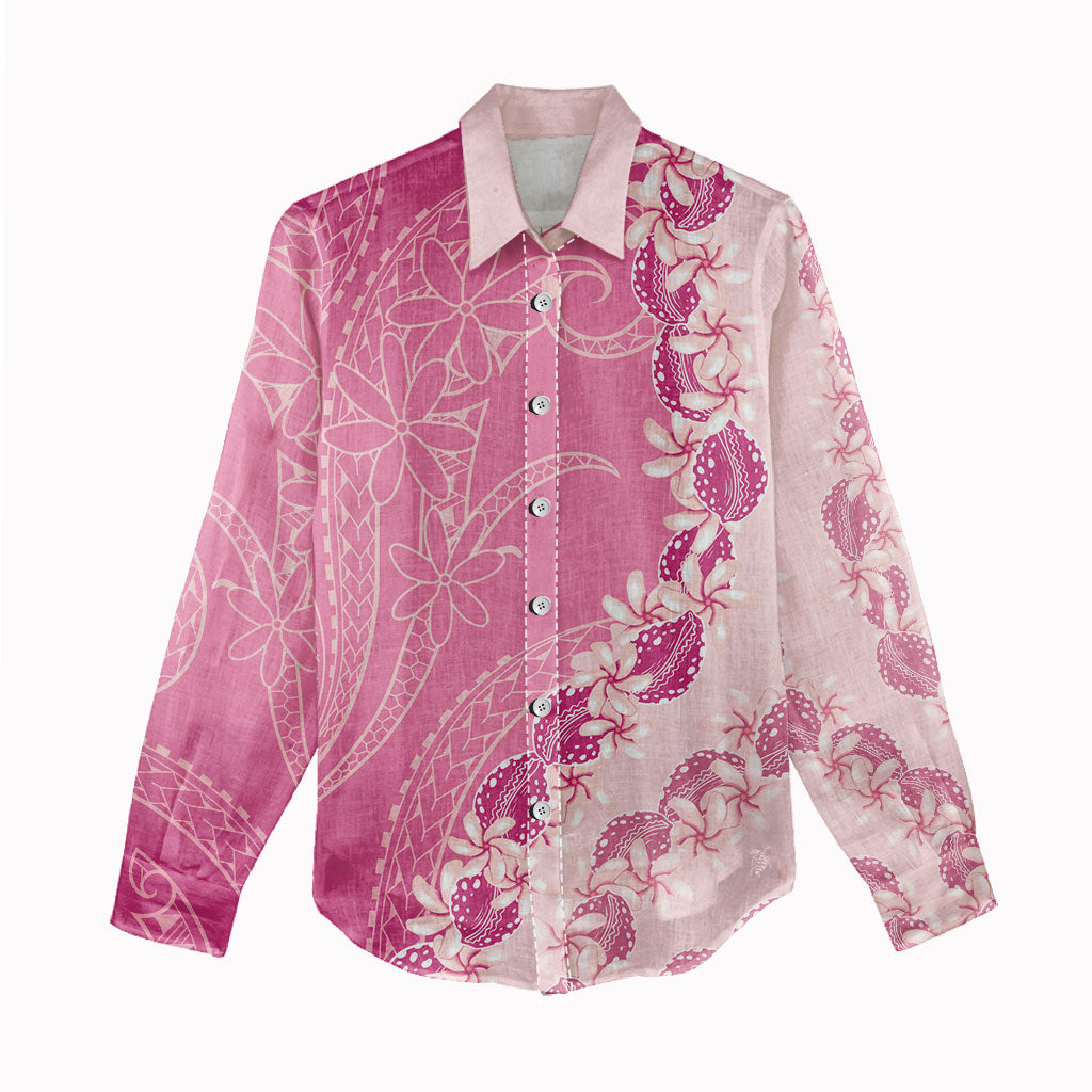 Heiva i Tahiti Women Casual Shirt Tahitian Tiare Maori Cowrie Lei Pink