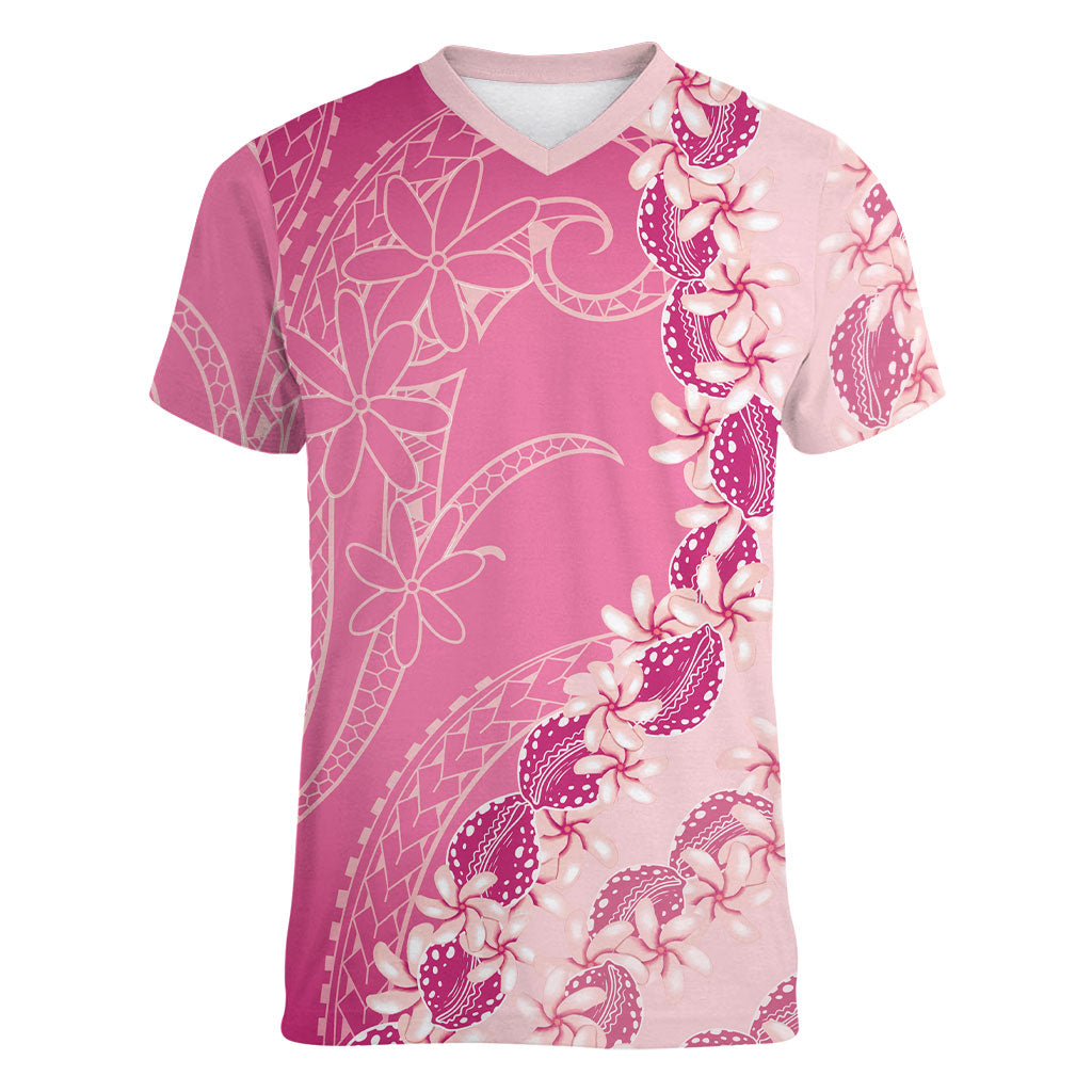 Heiva i Tahiti Women V-Neck T-Shirt Tahitian Tiare Maori Cowrie Lei Pink