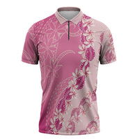 Heiva i Tahiti Zipper Polo Shirt Tahitian Tiare Maori Cowrie Lei Pink