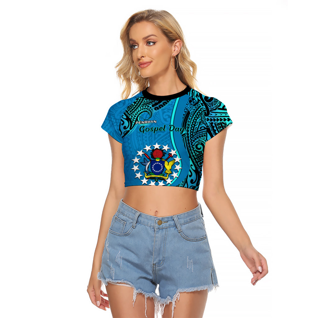 13 March Penrhyn Island Gospel Day Raglan Cropped T Shirt Cook Islands Tribal Pattern LT14 Female Blue - Polynesian Pride