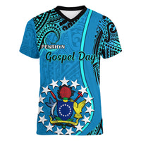 13 March Penrhyn Island Gospel Day Women V Neck T Shirt Cook Islands Tribal Pattern LT14 Female Blue - Polynesian Pride
