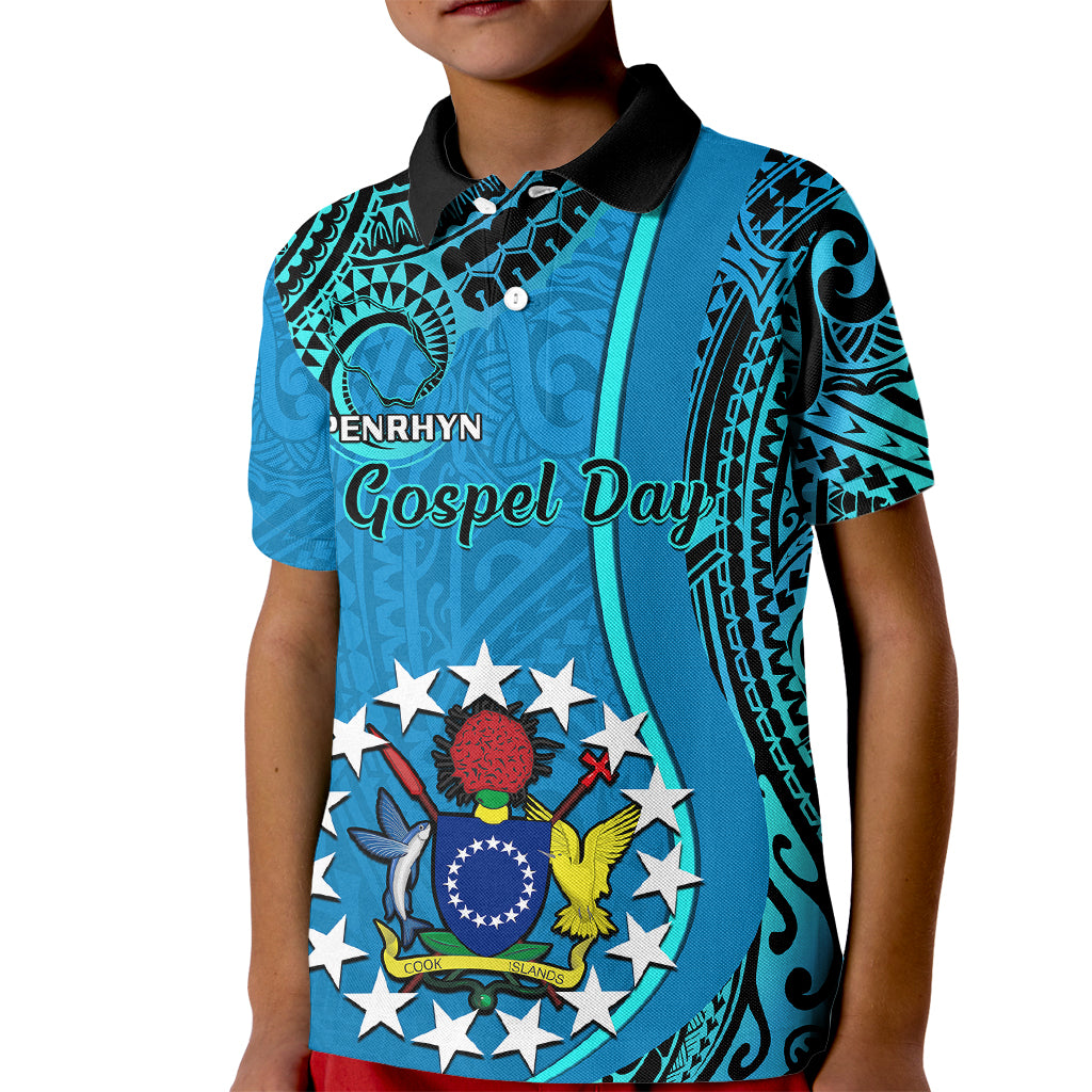 Personalised 13 March Penrhyn Island Gospel Day Kid Polo Shirt Cook Islands Tribal Pattern LT14 Kid Blue - Polynesian Pride