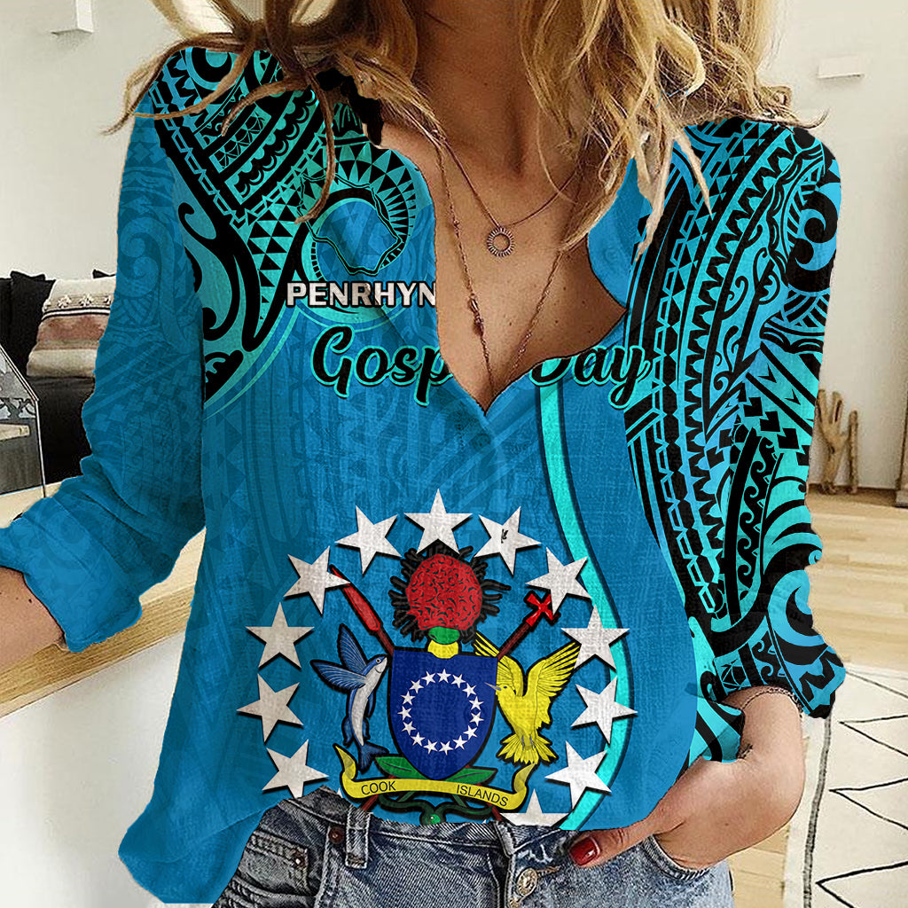Personalised 13 March Penrhyn Island Gospel Day Women Casual Shirt Cook Islands Tribal Pattern LT14 Female Blue - Polynesian Pride