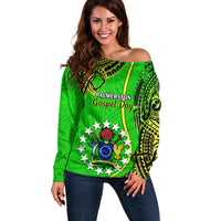 25 May Palmerston Island Gospel Day Off Shoulder Sweater Cook Islands Tribal Pattern LT14 Women Green - Polynesian Pride