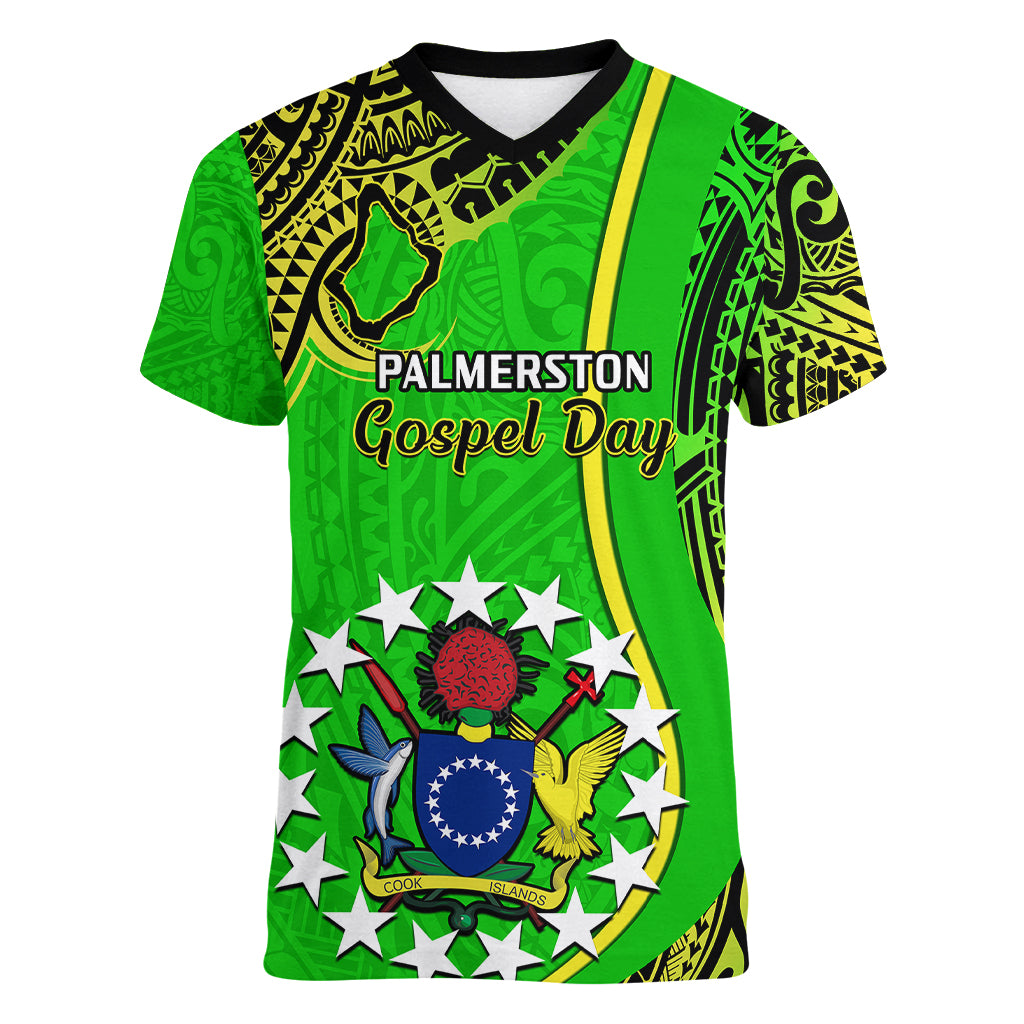 25 May Palmerston Island Gospel Day Women V Neck T Shirt Cook Islands Tribal Pattern LT14 Female Green - Polynesian Pride