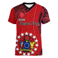 20 July Atiu Island Gospel Day Women V Neck T Shirt Cook Islands Tribal Pattern LT14 Female Red - Polynesian Pride
