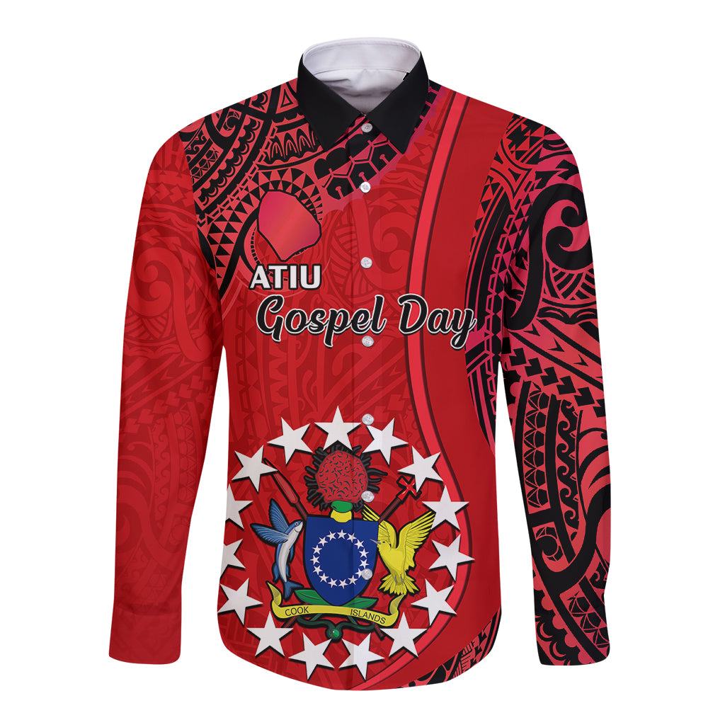 Personalised 20 July Atiu Island Gospel Day Long Sleeve Button Shirt Cook Islands Tribal Pattern LT14 Unisex Red - Polynesian Pride