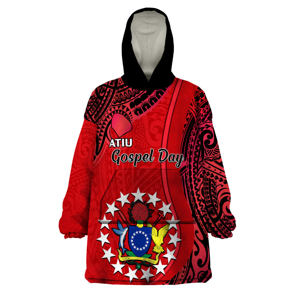 Personalised 20 July Atiu Island Gospel Day Wearable Blanket Hoodie Cook Islands Tribal Pattern LT14 One Size Red - Polynesian Pride