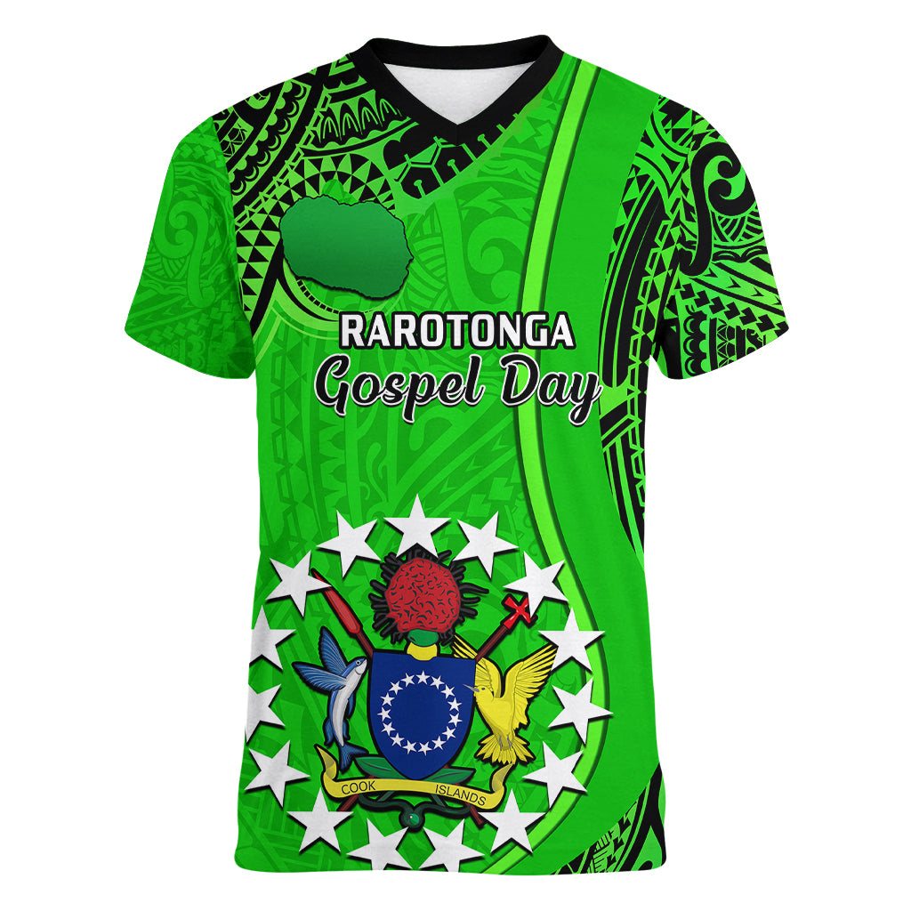 25 July Rarotonga Island Gospel Day Women V Neck T Shirt Cook Islands Tribal Pattern LT14 Female Green - Polynesian Pride