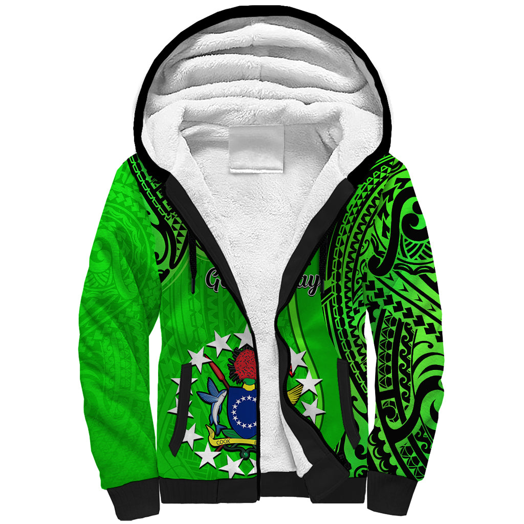 Personalised 25 July Rarotonga Island Gospel Day Sherpa Hoodie Cook Islands Tribal Pattern LT14 Unisex Green - Polynesian Pride