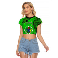 21 July Mitiaro Island Gospel Day Raglan Cropped T Shirt Cook Islands Tribal Pattern LT14 Female Green - Polynesian Pride