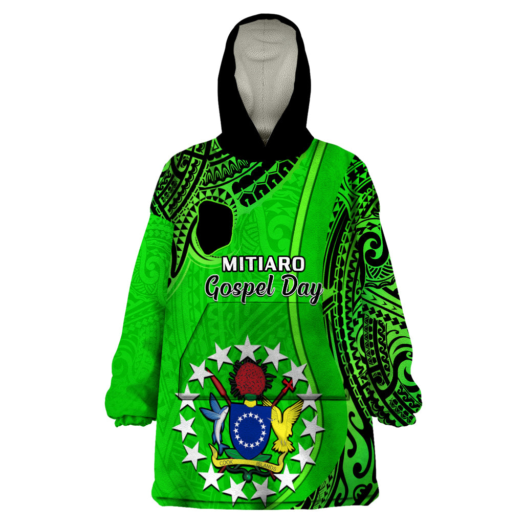 21 July Mitiaro Island Gospel Day Wearable Blanket Hoodie Cook Islands Tribal Pattern LT14 One Size Green - Polynesian Pride