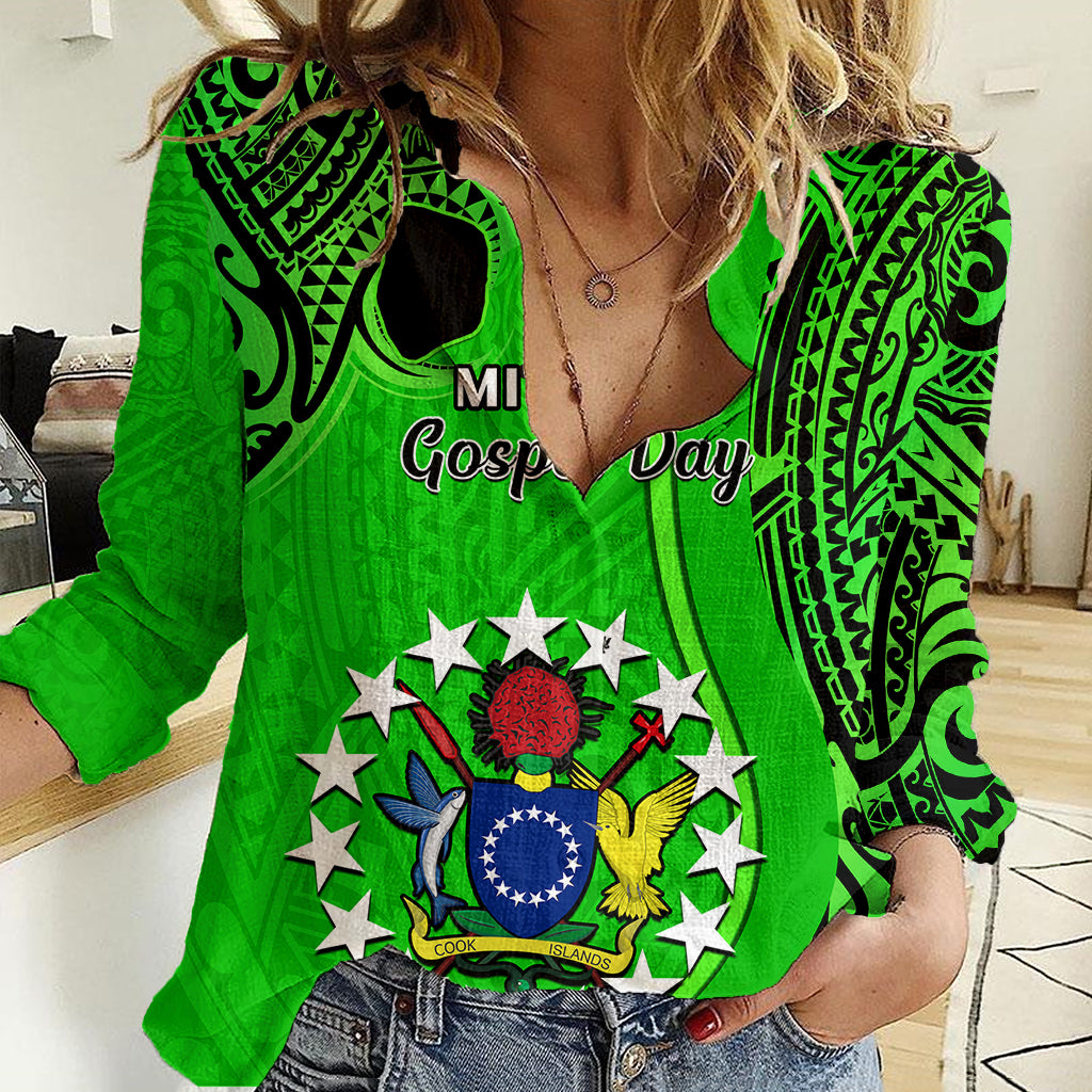 21 July Mitiaro Island Gospel Day Women Casual Shirt Cook Islands Tribal Pattern LT14 Female Green - Polynesian Pride