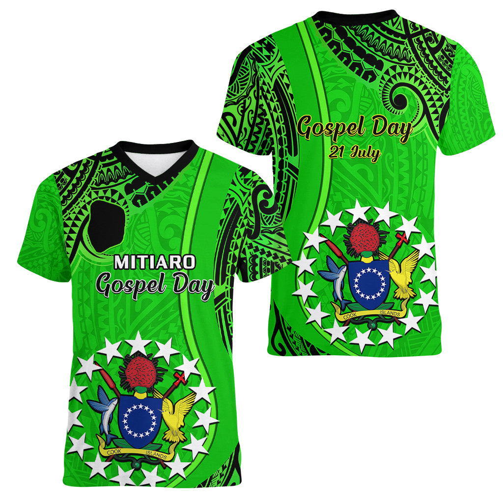 21 July Mitiaro Island Gospel Day Women V Neck T Shirt Cook Islands Tribal Pattern LT14 - Polynesian Pride