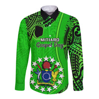 Personalised 21 July Mitiaro Island Gospel Day Long Sleeve Button Shirt Cook Islands Tribal Pattern LT14 Unisex Green - Polynesian Pride