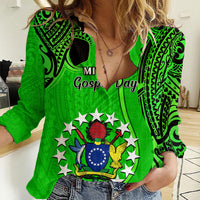 Personalised 21 July Mitiaro Island Gospel Day Women Casual Shirt Cook Islands Tribal Pattern LT14 Female Green - Polynesian Pride