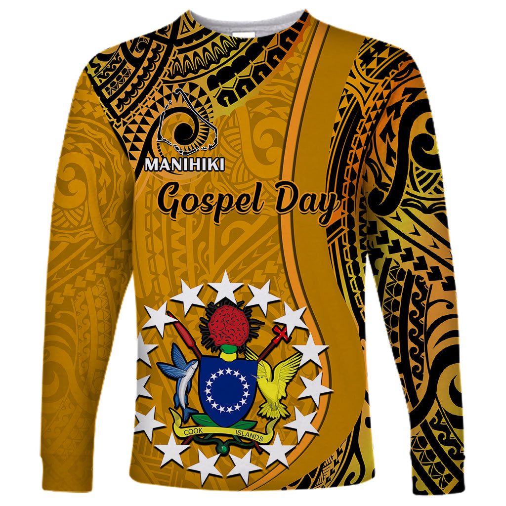 8 August Manihiki Island Gospel Day Long Sleeve Shirt Cook Islands Tribal Pattern LT14 Unisex Gold - Polynesian Pride