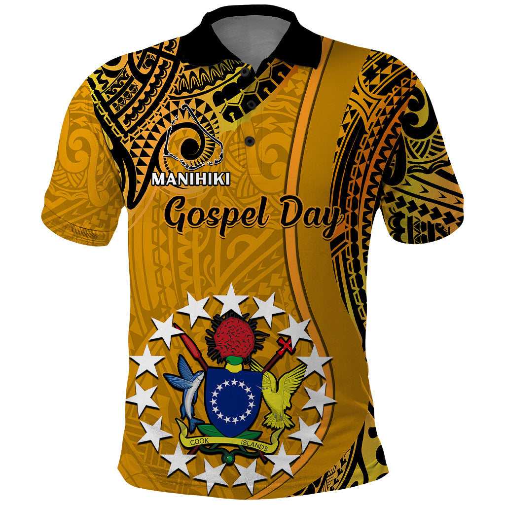 8 August Manihiki Island Gospel Day Polo Shirt Cook Islands Tribal Pattern LT14 Gold - Polynesian Pride