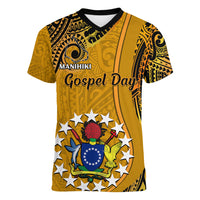 8 August Manihiki Island Gospel Day Women V Neck T Shirt Cook Islands Tribal Pattern LT14 Female Gold - Polynesian Pride