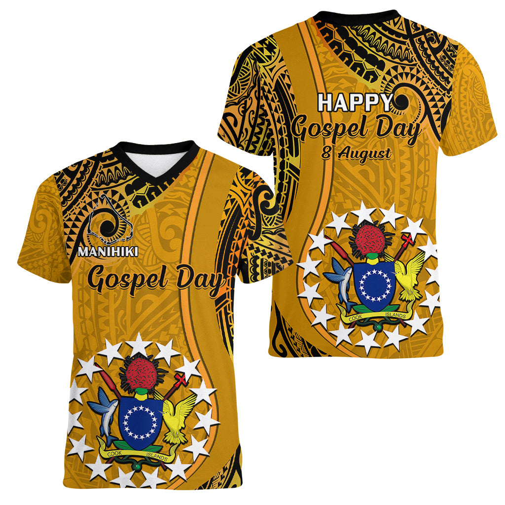 8 August Manihiki Island Gospel Day Women V Neck T Shirt Cook Islands Tribal Pattern LT14 - Polynesian Pride
