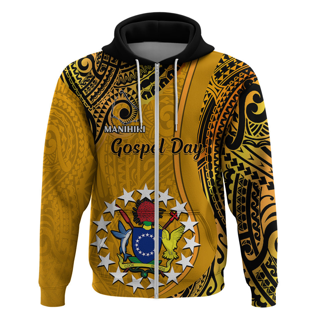 Custom 8 August Manihiki Island Gospel Day Hoodie Cook Islands Tribal Pattern LT14 Zip Hoodie Gold - Polynesian Pride