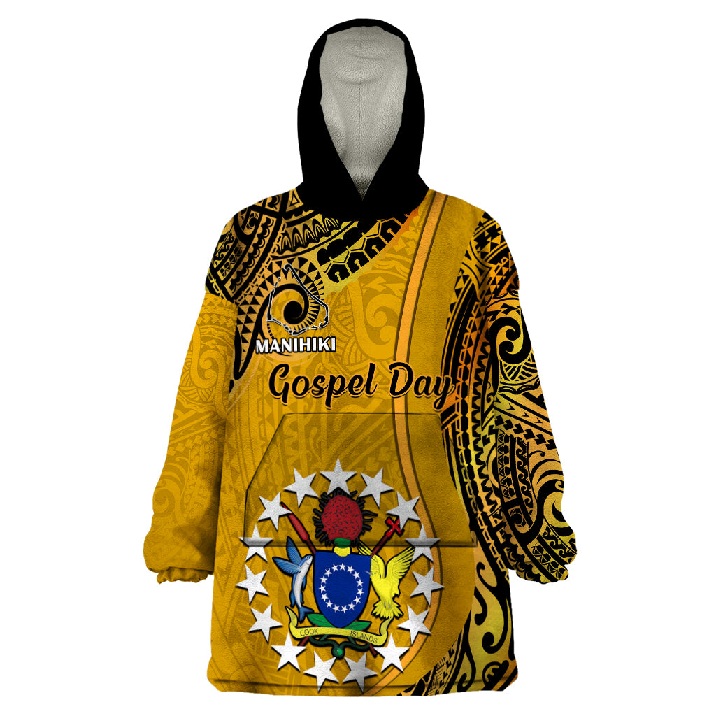 Personalised 8 August Manihiki Island Gospel Day Wearable Blanket Hoodie Cook Islands Tribal Pattern LT14 One Size Gold - Polynesian Pride