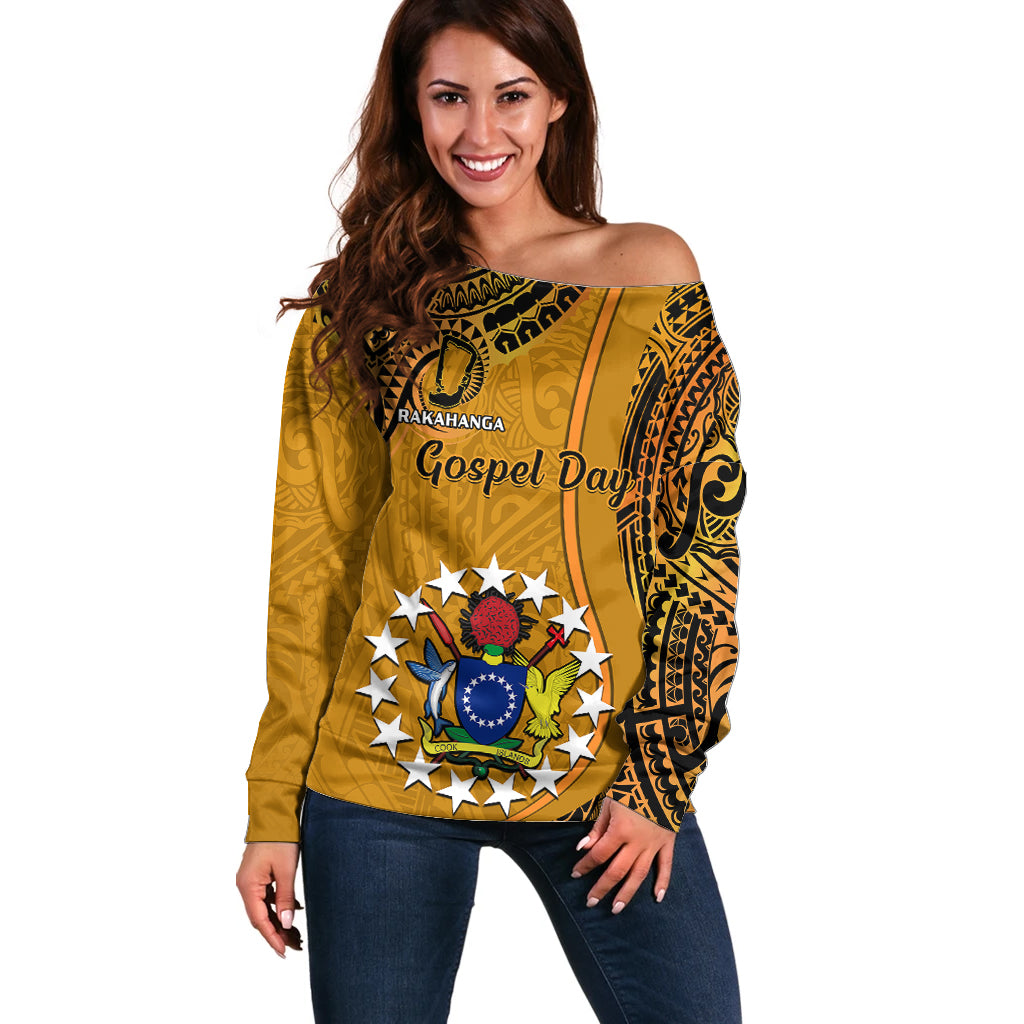 15 August Rakahanga Island Gospel Day Off Shoulder Sweater Cook Islands Tribal Pattern LT14 Women Orange - Polynesian Pride
