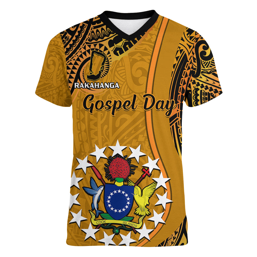 15 August Rakahanga Island Gospel Day Women V Neck T Shirt Cook Islands Tribal Pattern LT14 Female Orange - Polynesian Pride