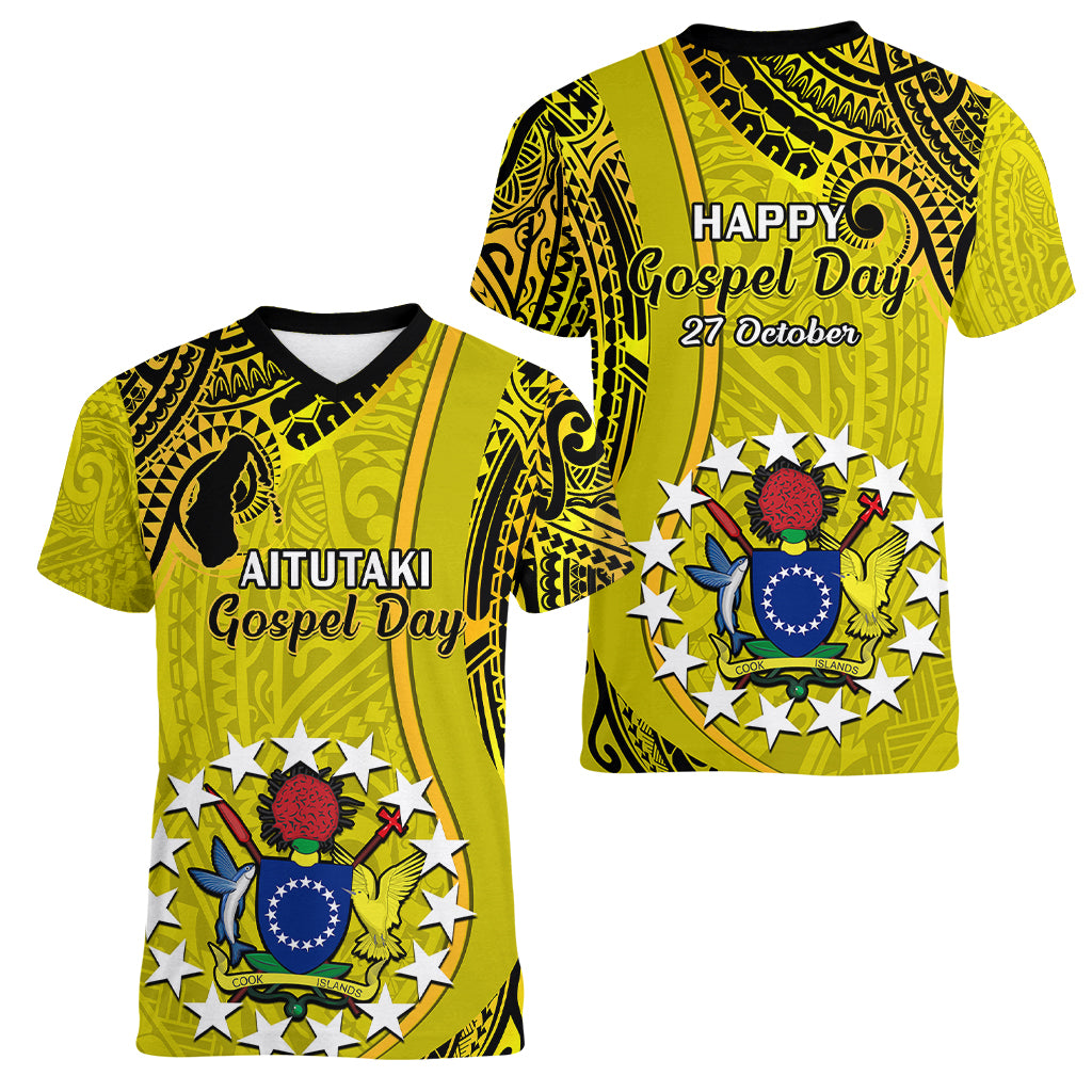 27 October Aitutaki Island Gospel Day Women V Neck T Shirt Cook Islands Tribal Pattern LT14 - Polynesian Pride