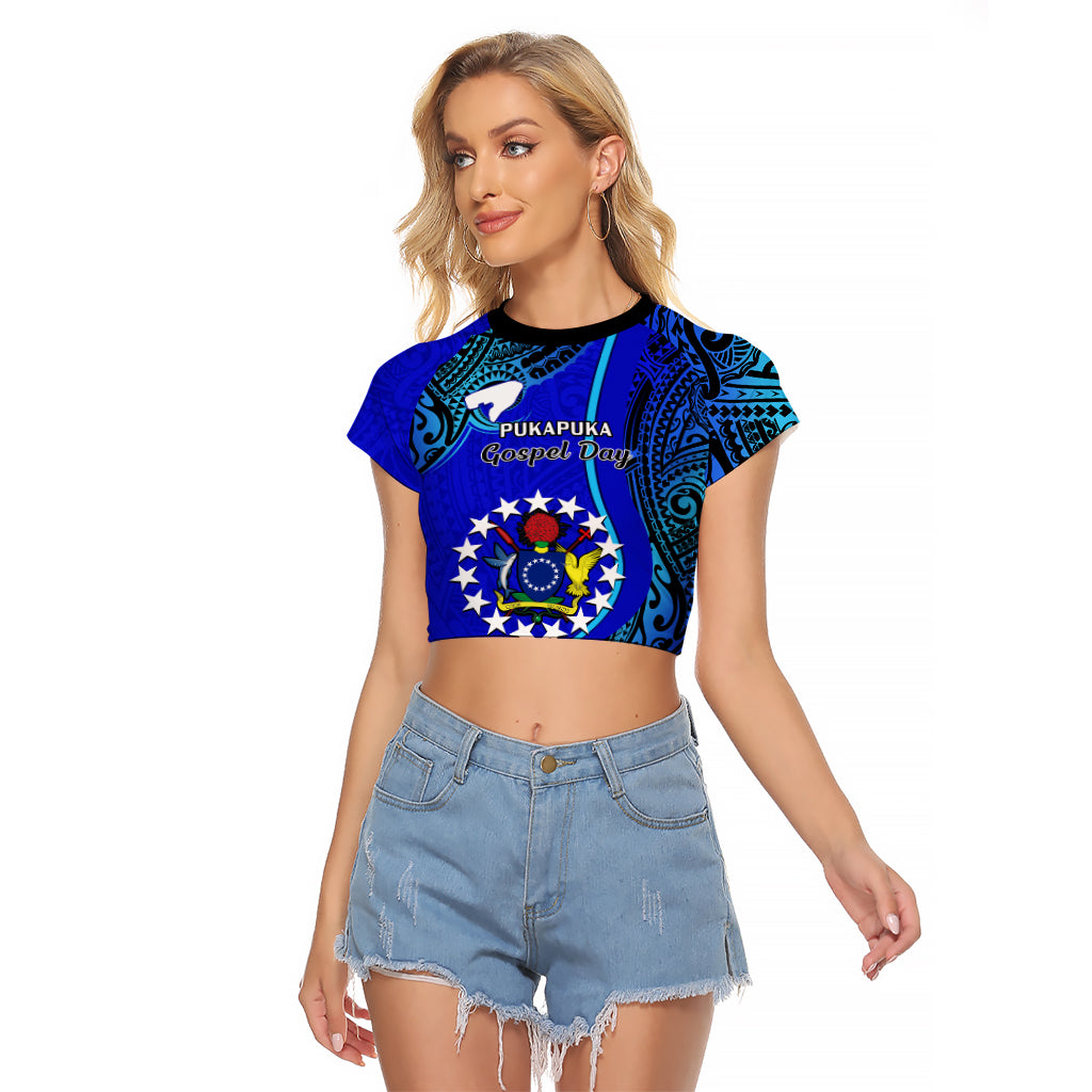 8 December Pukapuka Island Gospel Day Raglan Cropped T Shirt Cook Islands Tribal Pattern LT14 Female Blue - Polynesian Pride